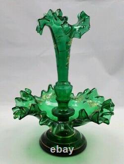 Blown Glass Epergne Victorian Green Single Horn with Hand Painted Flowers