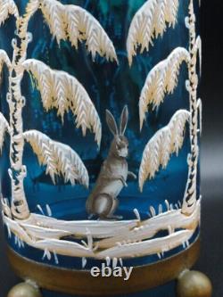 Blue Victorian MOSER Hand Painted Enamel Woodland SNOW RABBIT Art Glass Vase