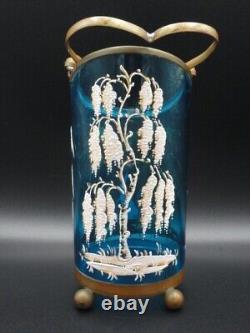 Blue Victorian MOSER Hand Painted Enamel Woodland SNOW RABBIT Art Glass Vase