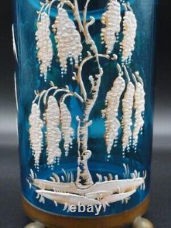 Blue Victorian MOSER Hand Painted Enamel Woodland SNOW RABBIT Art Glass Vase