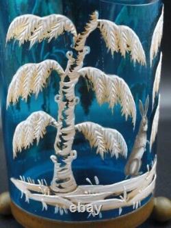 Blue Victorian MOSER Hand Painted Enamel Woodland SNOW RABBIT Art Glass Vase