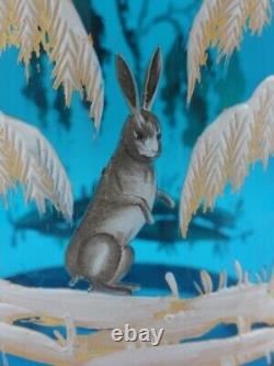 Blue Victorian MOSER Hand Painted Enamel Woodland SNOW RABBIT Art Glass Vase