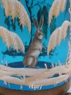 Blue Victorian MOSER Hand Painted Enamel Woodland SNOW RABBIT Art Glass Vase