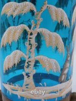 Blue Victorian MOSER Hand Painted Enamel Woodland SNOW RABBIT Art Glass Vase