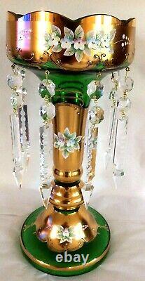 Bohemian 11 1/2 MANTLE LUSTER. Gilt Gold & Emerald. 8 Prisms. Enameled Florals