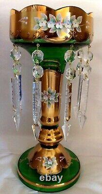 Bohemian 11 1/2 MANTLE LUSTER. Gilt Gold & Emerald. 8 Prisms. Enameled Florals