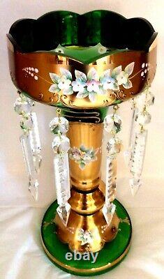 Bohemian 11 1/2 MANTLE LUSTER. Gilt Gold & Emerald. 8 Prisms. Enameled Florals