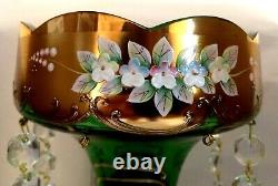 Bohemian 11 1/2 MANTLE LUSTER. Gilt Gold & Emerald. 8 Prisms. Enameled Florals