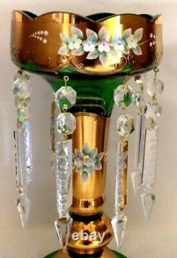 Bohemian 11 1/2 MANTLE LUSTER. Gilt Gold & Emerald. 8 Prisms. Enameled Florals