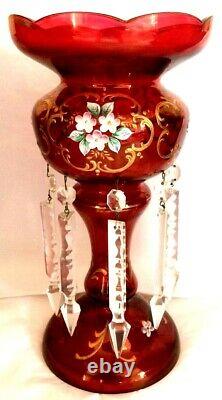 Bohemian 13MANTLE LUSTER. Gilt Gold & Ruby. 5 Prisms. Enameled Florals. Antique