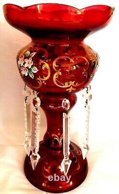 Bohemian 13MANTLE LUSTER. Gilt Gold & Ruby. 5 Prisms. Enameled Florals. Antique