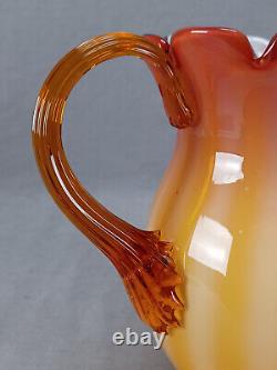 Bohemian Amberina Cased White Ribbed Pattern Molded Victorian Art Glass Pitcher