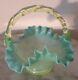 Bohemian Art Glass Vaseline Turquoise Handled Basket Twist Handle Crimped Edge