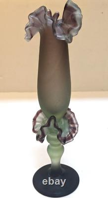 Bohemian Bud Vase Opaline Blown Glass Double Ruffle Purple And Green Victorian
