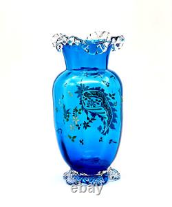 Bohemian Czech Blown Glass Vase Hand Painted Enamel Applied Rigaree & Petal Feet