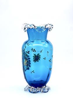 Bohemian Czech Blown Glass Vase Hand Painted Enamel Applied Rigaree & Petal Feet