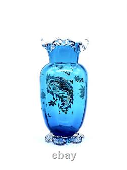 Bohemian Czech Blown Glass Vase Hand Painted Enamel Applied Rigaree & Petal Feet