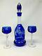 Bohemian Czech Cobalt Blue Glass Cut To Clear 16 Decanter With Stopper With 2 Glass