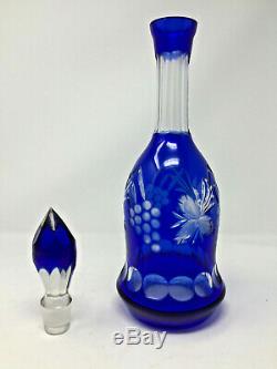 Bohemian Czech Cobalt Blue Glass Cut To Clear 16 Decanter with Stopper with 2 Glass