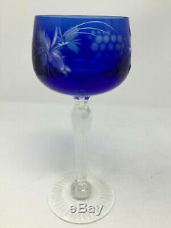 Bohemian Czech Cobalt Blue Glass Cut To Clear 16 Decanter with Stopper with 2 Glass
