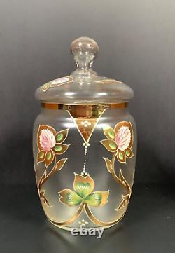 Bohemian Czech Goldberg Josephinenhütte Enameled Floral Glass Cookie Candy Jar