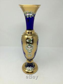 Bohemian Czech Hand painted 22kt Gold & Enamel Moser Cobalt Blue Vase Large 14