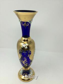 Bohemian Czech Hand painted 22kt Gold & Enamel Moser Cobalt Blue Vase Large 14