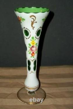 Bohemian Czech Moser Cased Glass Vase Cut White To Green HP Roses Stunning