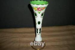 Bohemian Czech Moser Cased Glass Vase Cut White To Green HP Roses Stunning