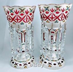 Bohemian Czech Overlay Cut to Cranberry Red Enamel Flower Glass Mantle Lusters