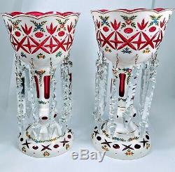 Bohemian Czech Overlay Cut to Cranberry Red Enamel Flower Glass Mantle Lusters