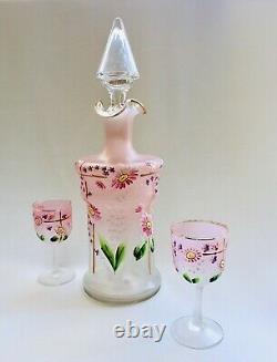 Bohemian Czech Satin Art Glass Knobbed Decanter & 2 Small Goblets. Unique