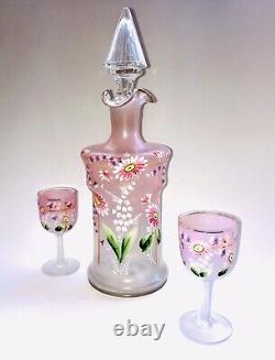 Bohemian Czech Satin Art Glass Knobbed Decanter & 2 Small Goblets. Unique
