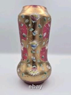 Bohemian Glass Gilt Pink Cranberry Ruby Enamel Flowers 10.25 H