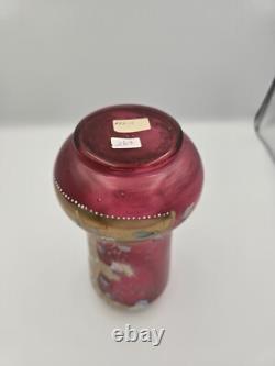 Bohemian Glass Gilt Pink Cranberry Ruby Enamel Flowers 10.25 H