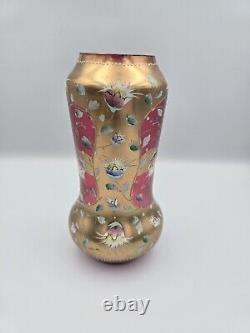 Bohemian Glass Gilt Pink Cranberry Ruby Enamel Flowers 10.25 H