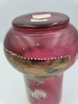 Bohemian Glass Gilt Pink Cranberry Ruby Enamel Flowers 10.25 H