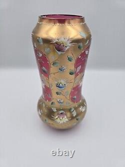 Bohemian Glass Gilt Pink Cranberry Ruby Enamel Flowers 10.25 H