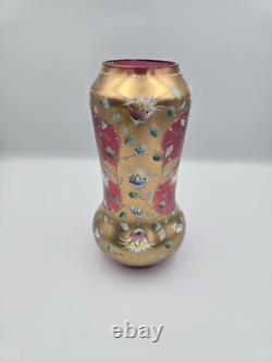 Bohemian Glass Gilt Pink Cranberry Ruby Enamel Flowers 10.25 H