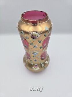 Bohemian Glass Gilt Pink Cranberry Ruby Enamel Flowers 10.25 H