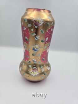 Bohemian Glass Gilt Pink Cranberry Ruby Enamel Flowers 10.25 H