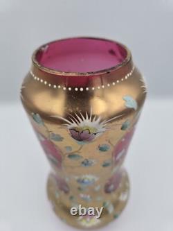 Bohemian Glass Gilt Pink Cranberry Ruby Enamel Flowers 10.25 H