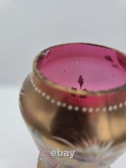 Bohemian Glass Gilt Pink Cranberry Ruby Enamel Flowers 10.25 H
