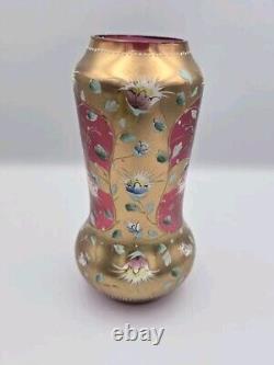 Bohemian Glass Gilt Pink Cranberry Ruby Enamel Flowers 10.25 H