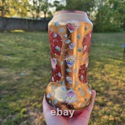 Bohemian Glass Gilt Pink Cranberry Ruby Enamel Flowers 10.25 H