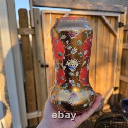 Bohemian Glass Gilt Pink Cranberry Ruby Enamel Flowers 10.25 H