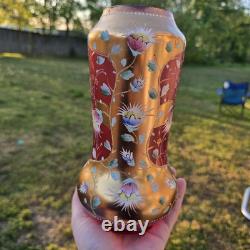 Bohemian Glass Gilt Pink Cranberry Ruby Enamel Flowers 10.25 H