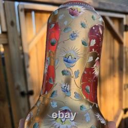 Bohemian Glass Gilt Pink Cranberry Ruby Enamel Flowers 10.25 H