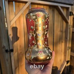Bohemian Glass Gilt Pink Cranberry Ruby Enamel Flowers 10.25 H