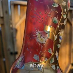 Bohemian Glass Gilt Pink Cranberry Ruby Enamel Flowers 10.25 H